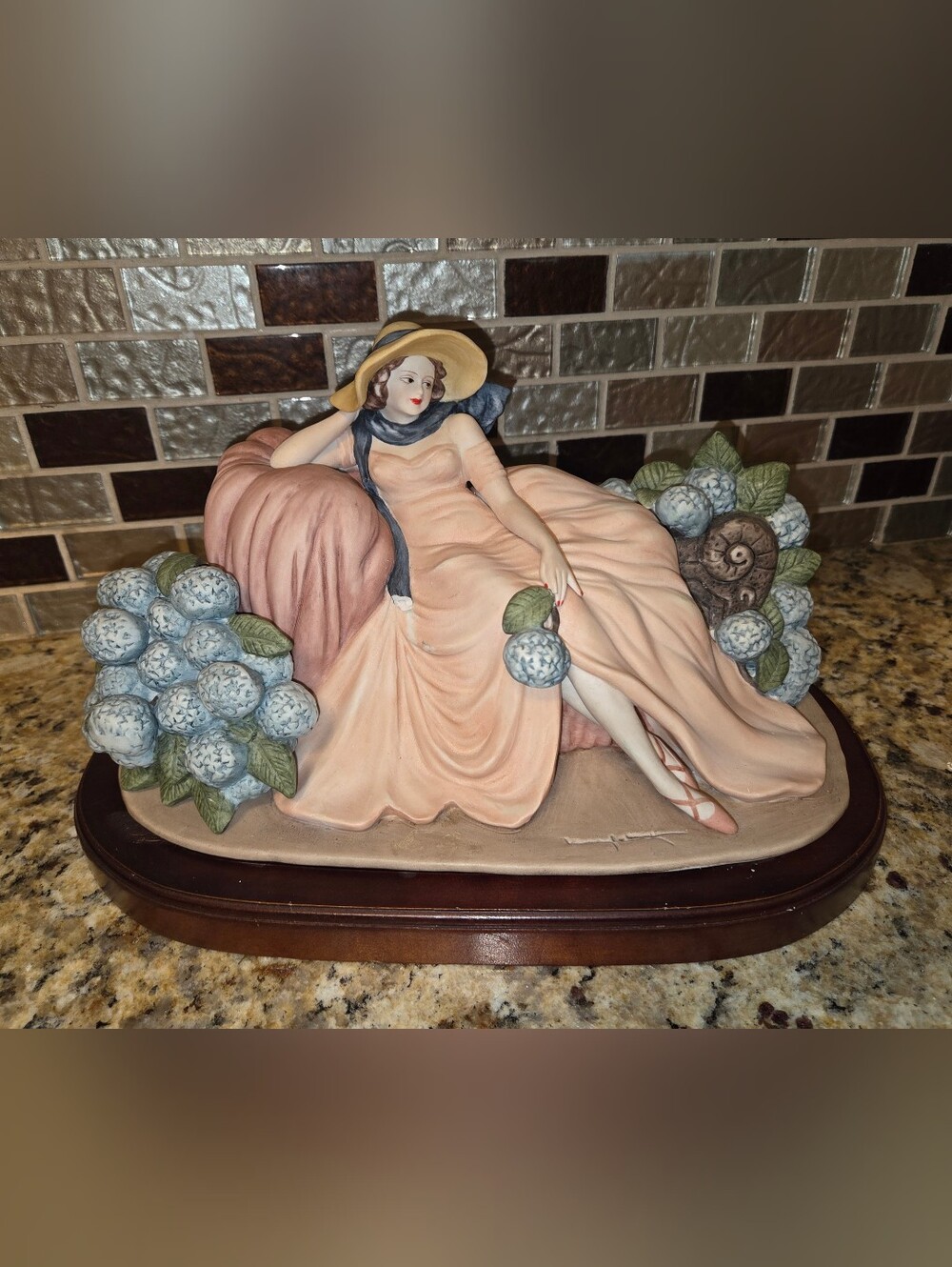 Porcelain Lady Figurine in Peach and Blue - Decorative Home Art